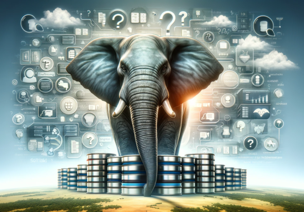 DALL·E 2024-01-25 14.58.36 - A landscape-oriented, serious and professional image featuring the PostgreSQL elephant, symbolizing strength and reliability, surrounded by various da