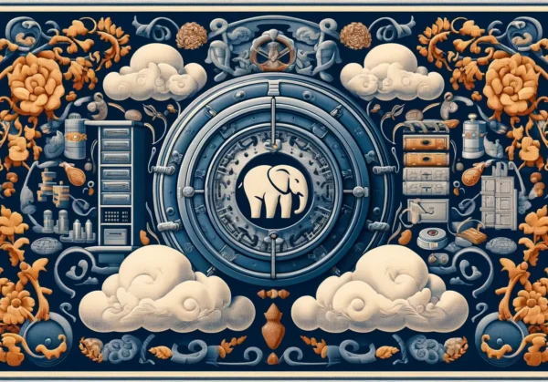 DALL·E 2024-06-07 18.00.58 - An illustration symbolizing PostgreSQL Backup Best Practices, designed in a tapestry style. The image features a secure vault with the PostgreSQL elep (1)